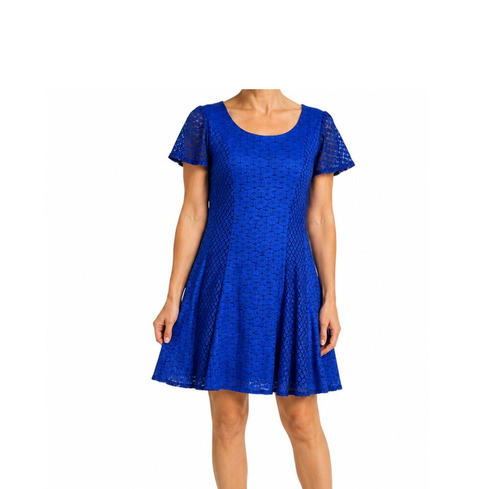 Danny & Nicole Dress Womens Size 14P Blue Lace Short Sleeve Back Zip Skater NWT